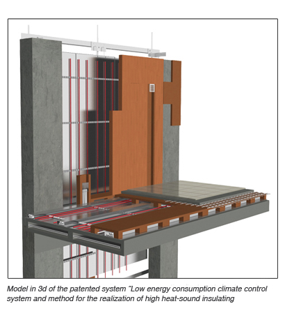Modello in 3d del sistema brevettato “Low energy consumption climate control system and method for the realization of high heat-sound insulation building”(numero di pubblicazione brevetto: WO 2009/016163 A1).